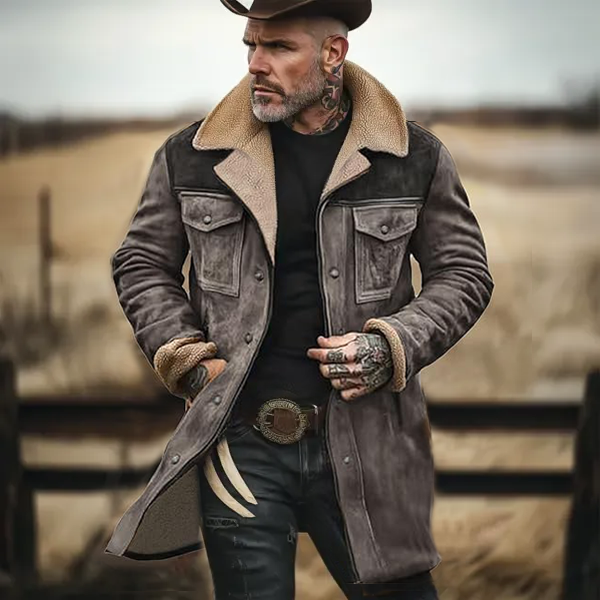 Herren Vintage Wildleder Patchwork Lamm Fleece Multi-Pocket Reverse Kragen Outdoor Jacke Mantel (Kostenloser Versand)