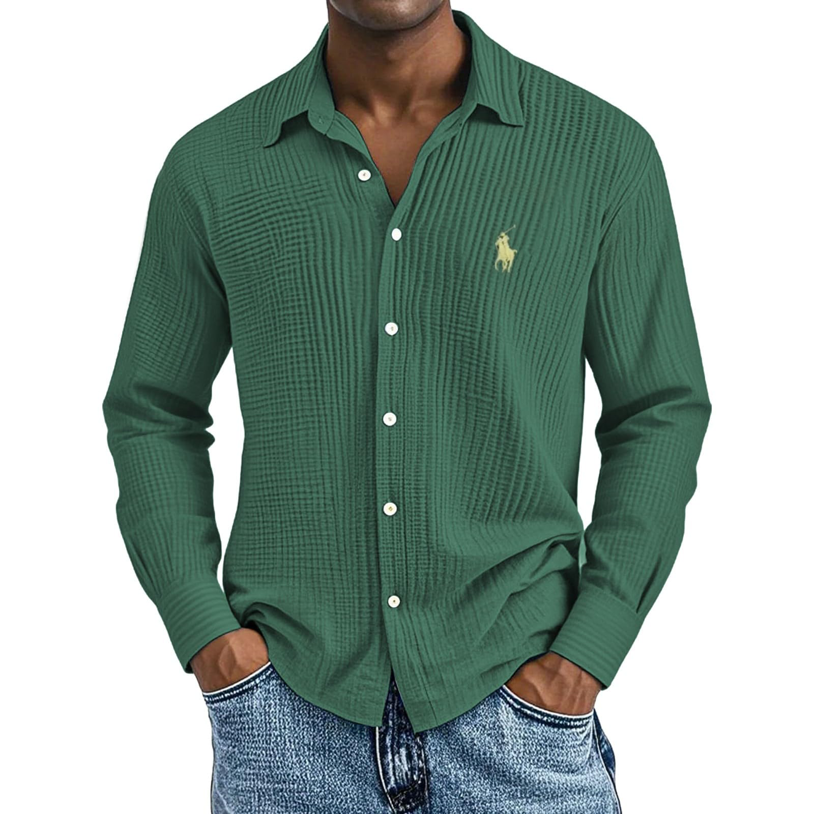 Lässig Locker und Bequem Strukturiert Lange Baumwollhemden für Herren