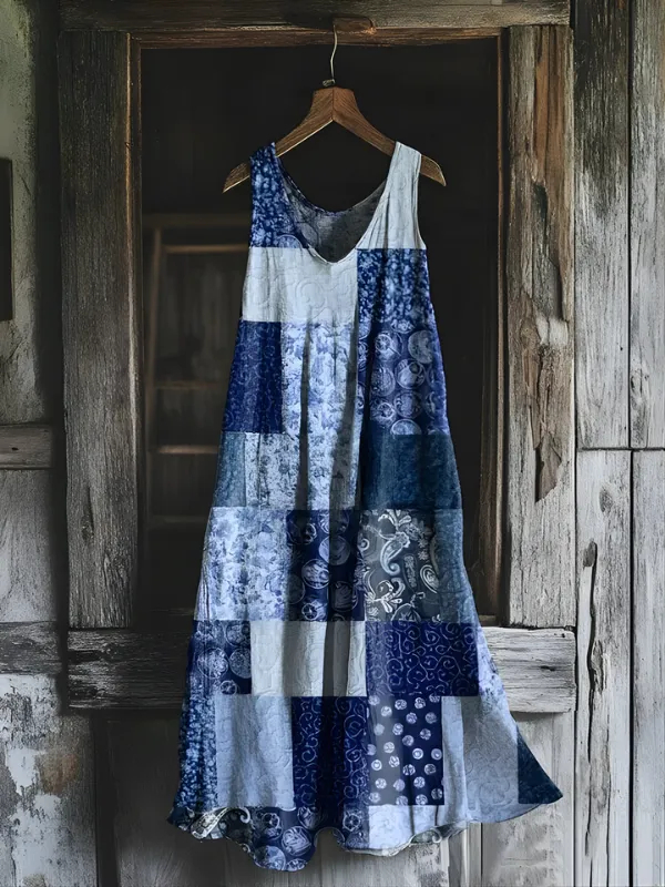 Vintage-Leinenkleid im Patchwork-Stil