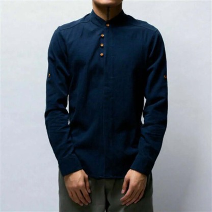 THERLING Herren-Hemd aus Leinen im Vintage-Stil mit Stehkragen