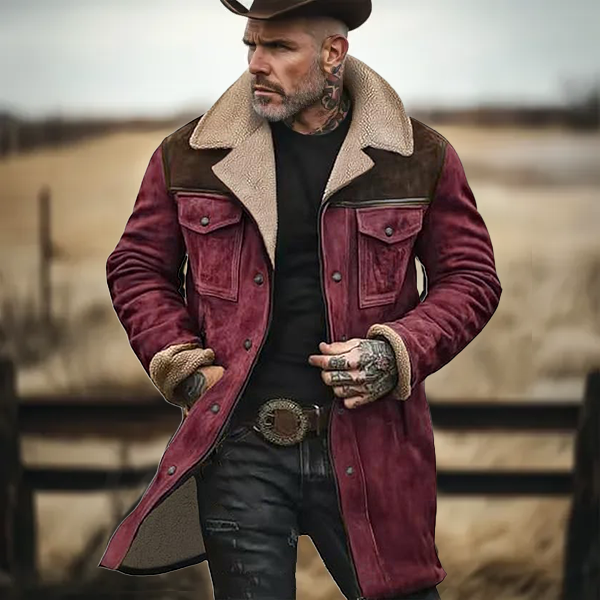 Herren Vintage Wildleder Patchwork Lamm Fleece Multi-Pocket Reverse Kragen Outdoor Jacke Mantel (Kostenloser Versand)