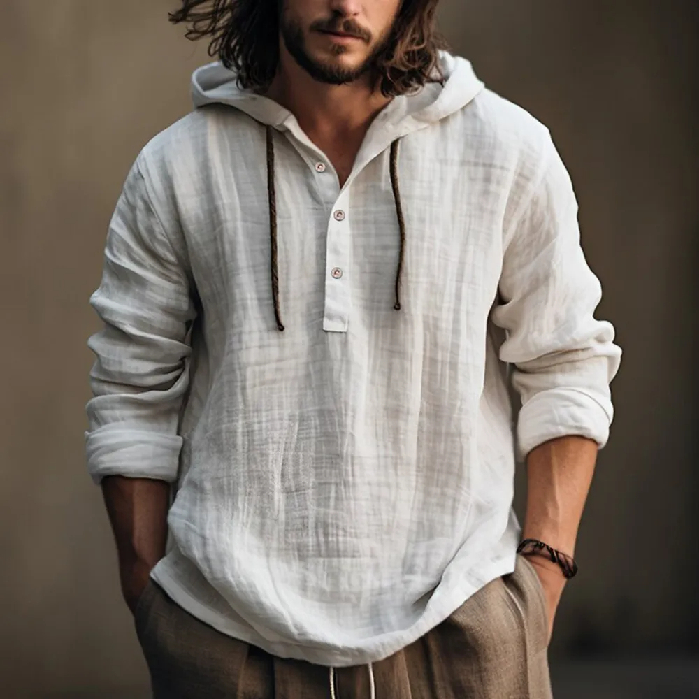 Camicia da uomo a maniche lunghe in cotone e lino con cappuccio