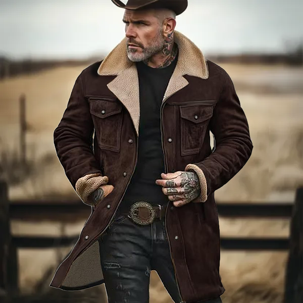 Herren Vintage Wildleder Patchwork Lamm Fleece Multi-Pocket Reverse Kragen Outdoor Jacke Mantel (Kostenloser Versand)
