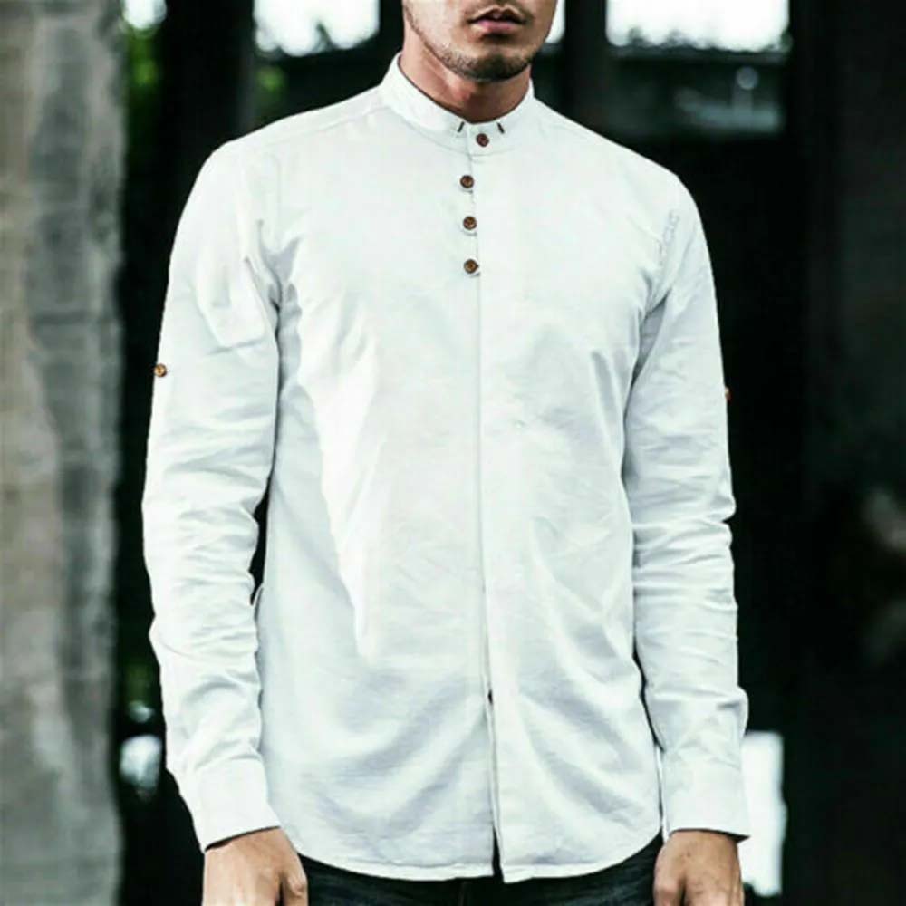 THERLING Herren-Hemd aus Leinen im Vintage-Stil mit Stehkragen