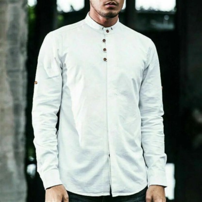 THERLING Herren-Hemd aus Leinen im Vintage-Stil mit Stehkragen