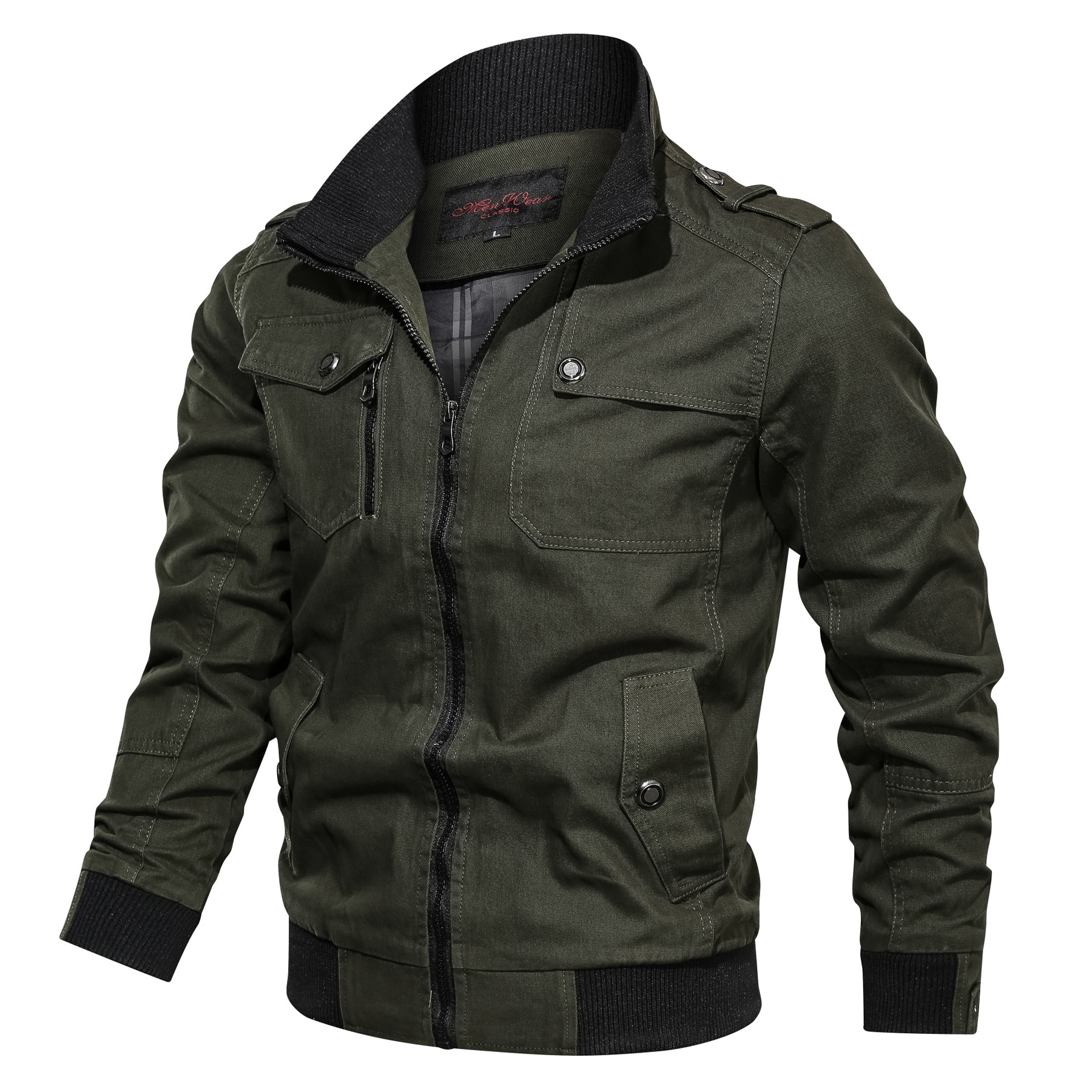 Men's Solid Color Zipper Pocket Stand-Up Jacket Coat