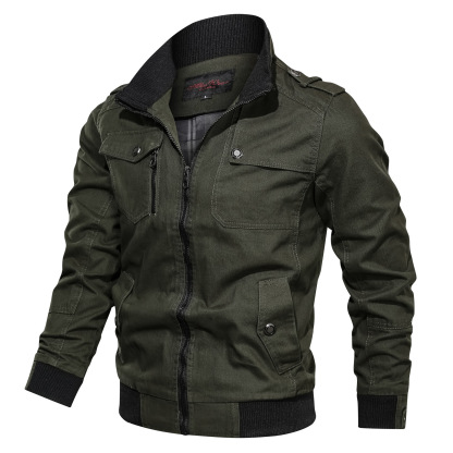 Men's Solid Color Zipper Pocket Stand-Up Jacket Coat