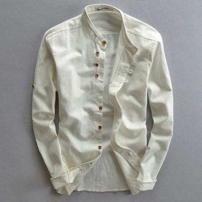 THERLING Herren-Hemd aus Leinen im Vintage-Stil mit Stehkragen