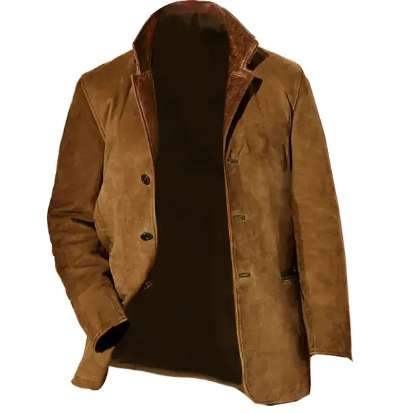 ⭐Frohes Neues Jahr 2024-Herrenjacke, Vintage-Fleece-Wildlederjacken, Herbst-Winter, Outdoor, Alltag, Blazer, doppellagig, Revers, Fell, Lederkragen, mittellange Jacken