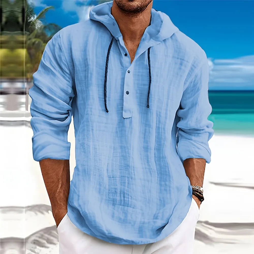 Camicia da uomo a maniche lunghe in cotone e lino con cappuccio
