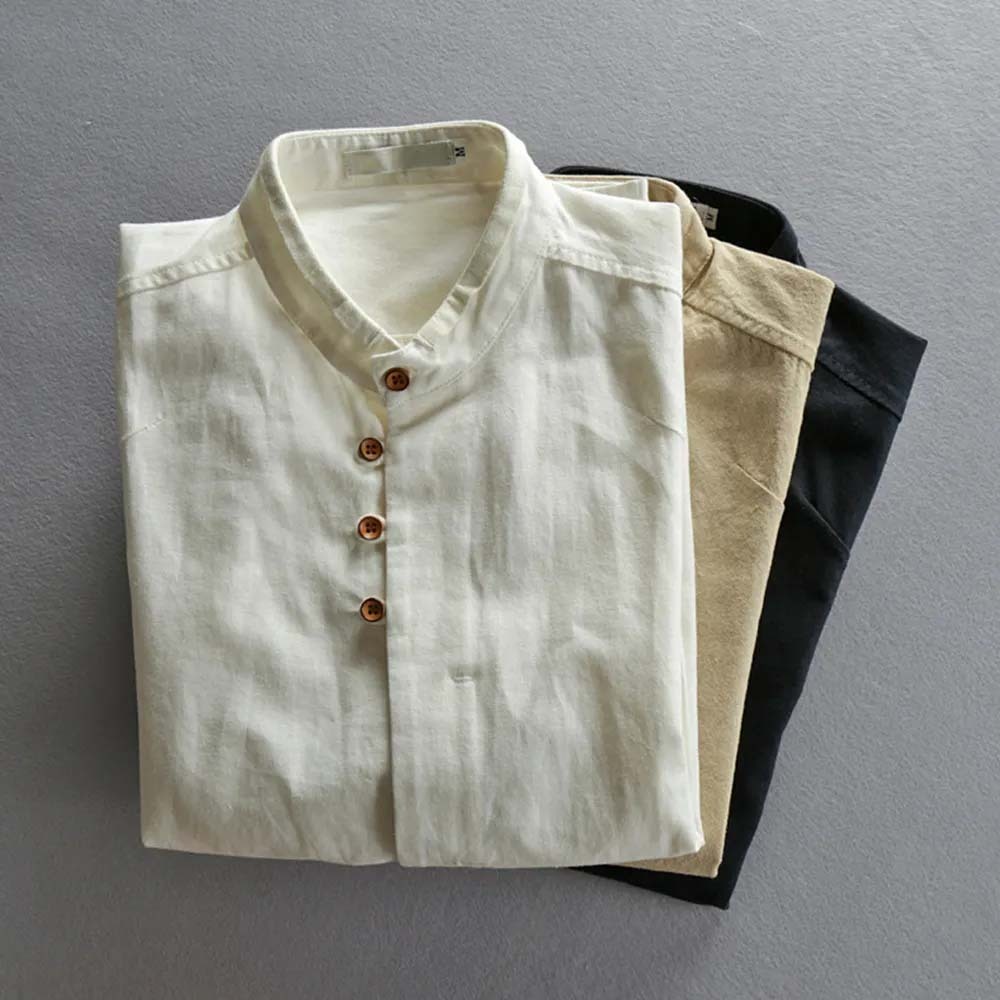 THERLING Herren-Hemd aus Leinen im Vintage-Stil mit Stehkragen