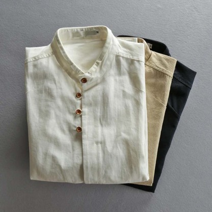 THERLING Herren-Hemd aus Leinen im Vintage-Stil mit Stehkragen