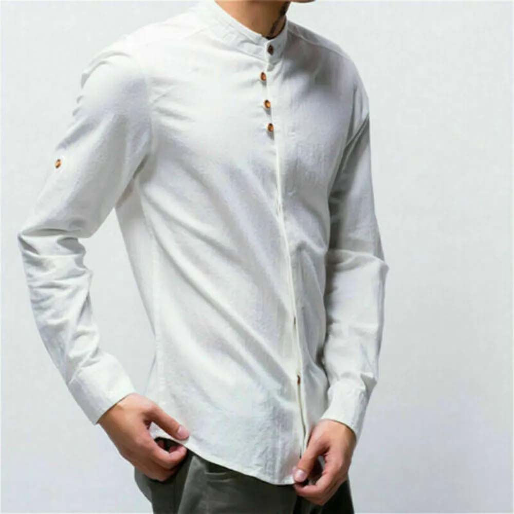 THERLING Herren-Hemd aus Leinen im Vintage-Stil mit Stehkragen