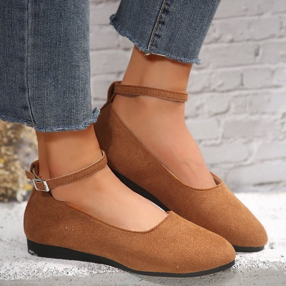Flache Damen-Schuhe mit runder Zehenpartie und flacher Gürtelschnalle