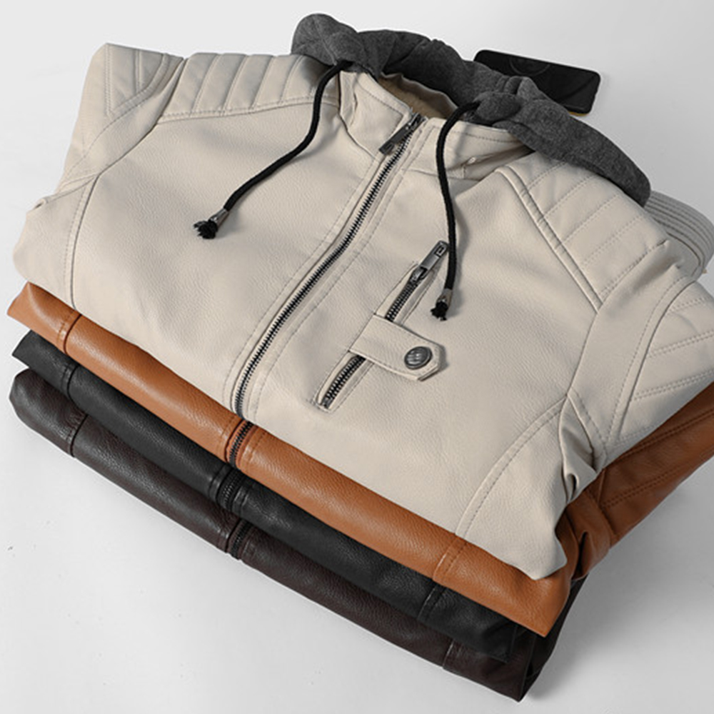  Neue samtwarme Lederjacke mit Kapuze für Herren im Herbst und Winter