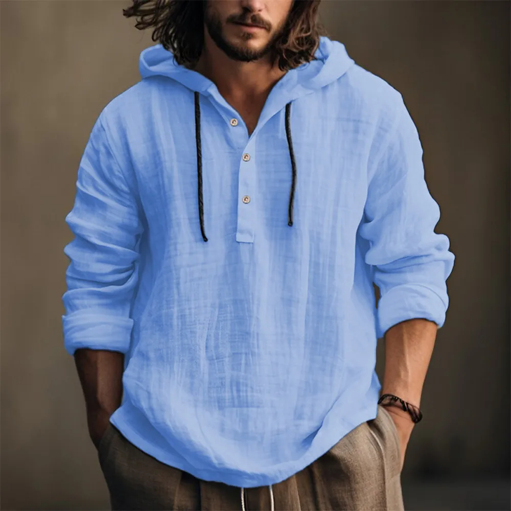 Camicia da uomo a maniche lunghe in cotone e lino con cappuccio