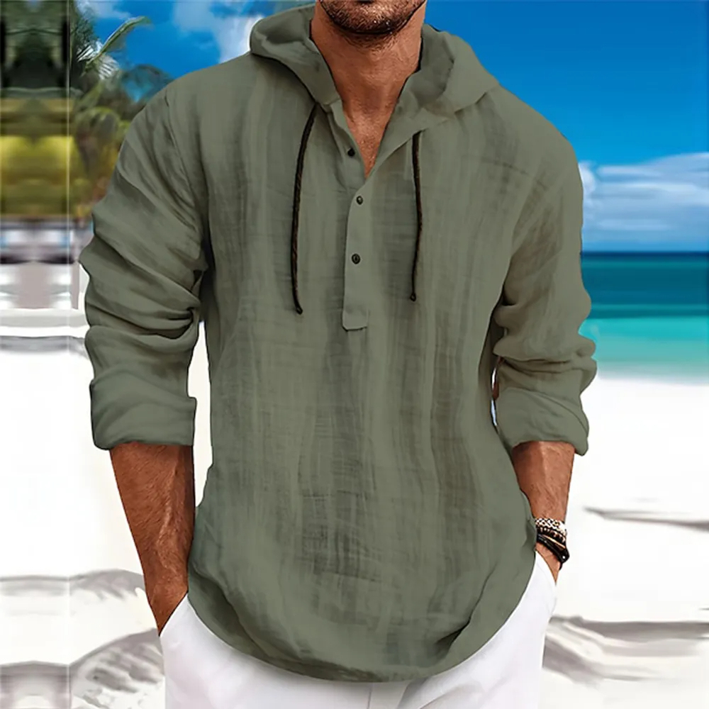Camicia da uomo a maniche lunghe in cotone e lino con cappuccio