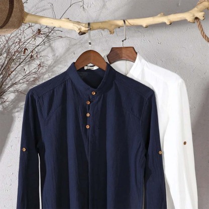 THERLING Herren-Hemd aus Leinen im Vintage-Stil mit Stehkragen