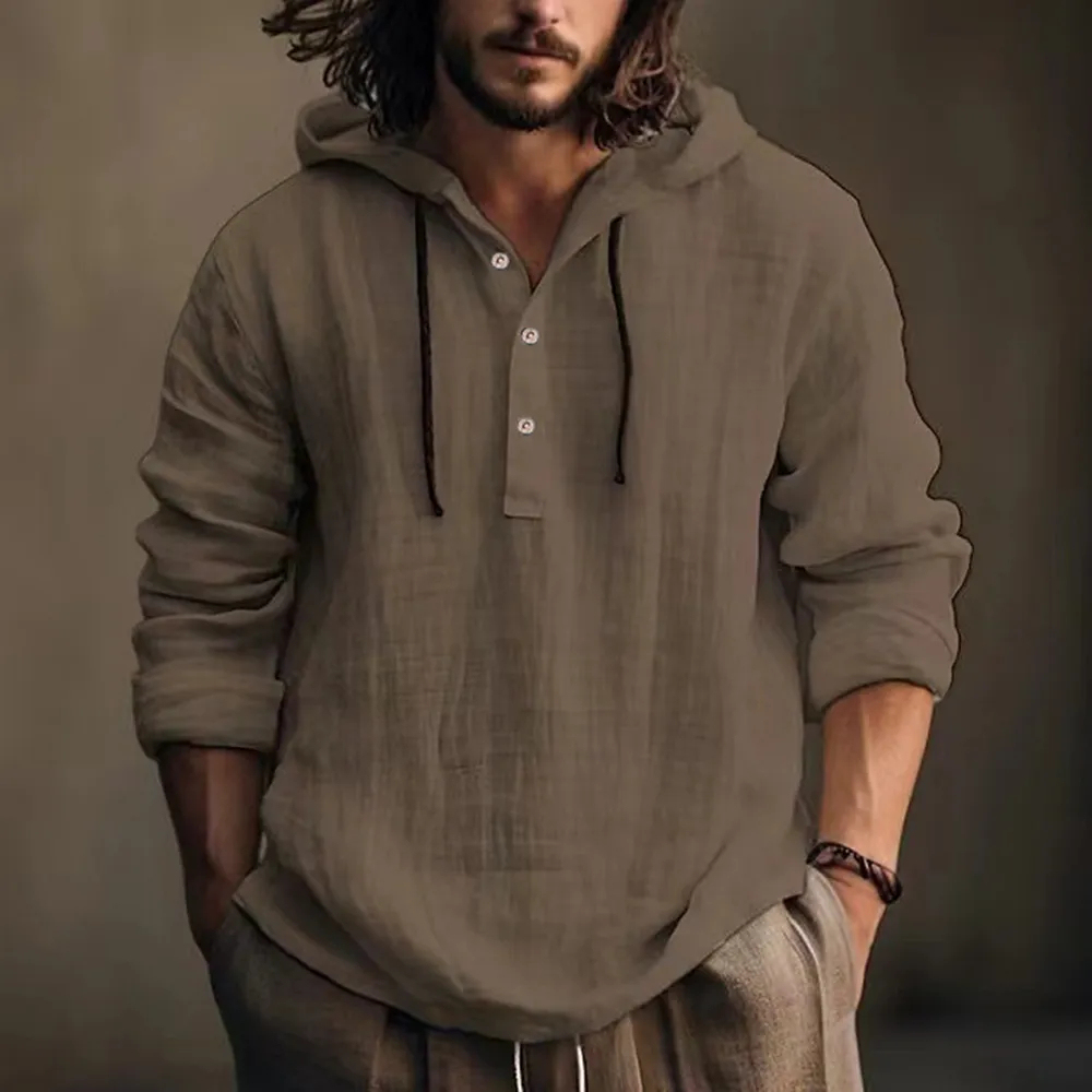 Camicia da uomo a maniche lunghe in cotone e lino con cappuccio