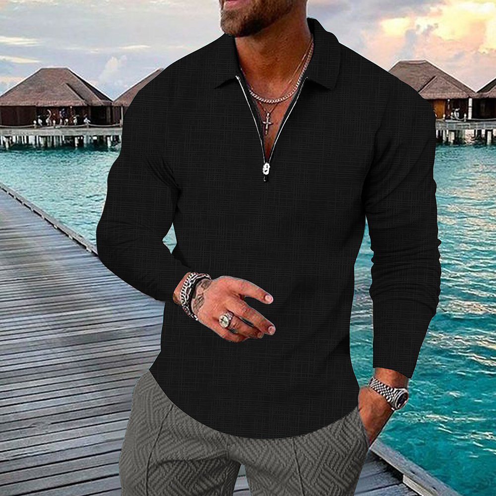 Therling Neues Frühlings-Herren-Revers-Reißverschluss-Langarm-POLO-Shirt