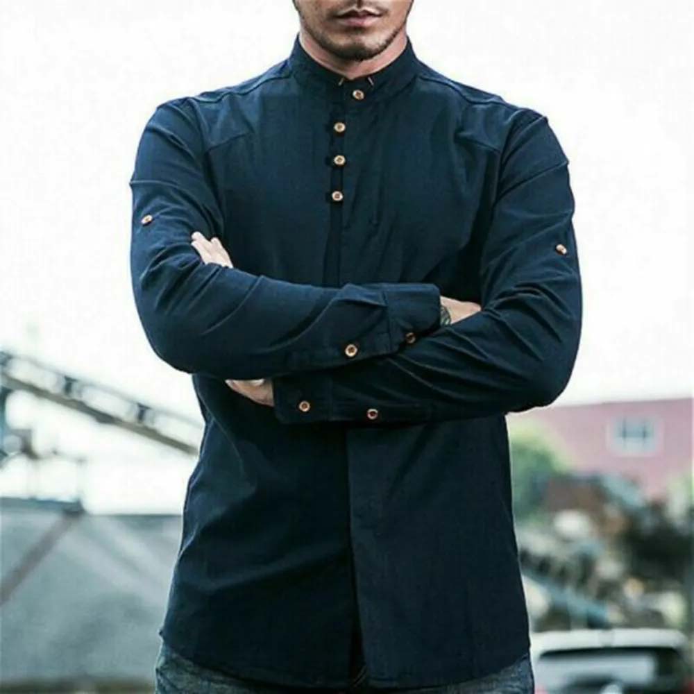 THERLING Herren-Hemd aus Leinen im Vintage-Stil mit Stehkragen