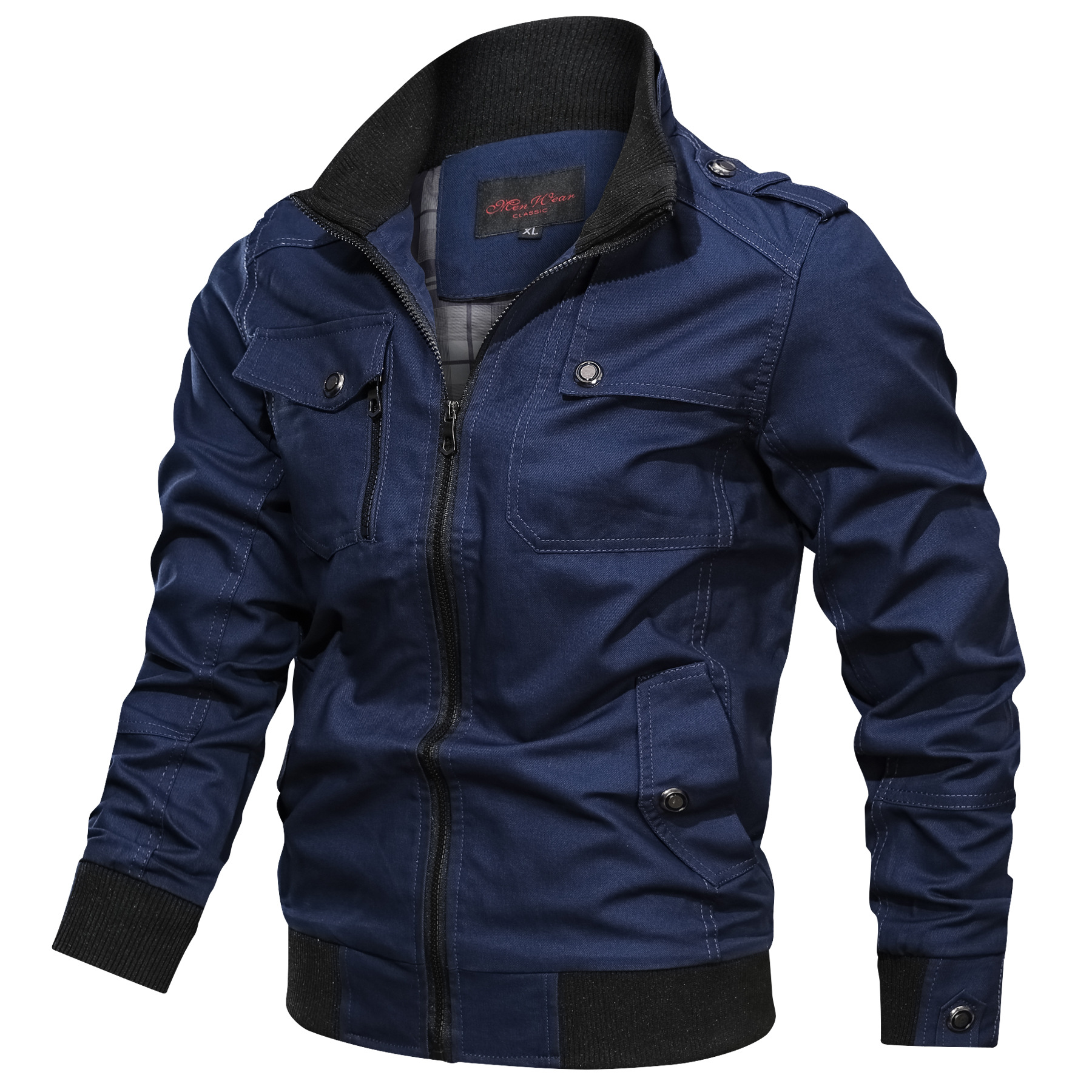 Men's Solid Color Zipper Pocket Stand-Up Jacket Coat