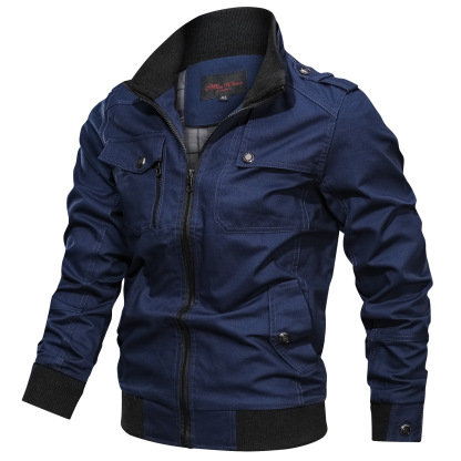 Men's Solid Color Zipper Pocket Stand-Up Jacket Coat