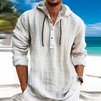 Camicia da uomo a maniche lunghe in cotone e lino con cappuccio