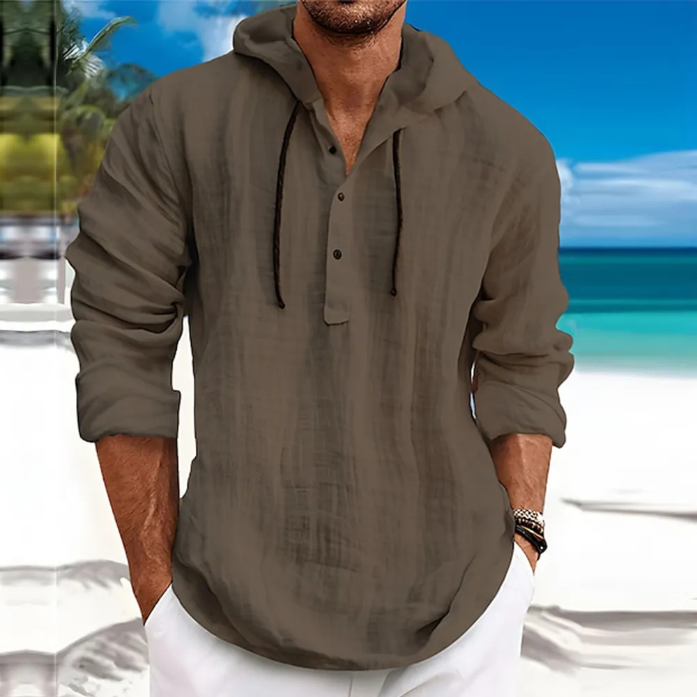 Camicia da uomo a maniche lunghe in cotone e lino con cappuccio