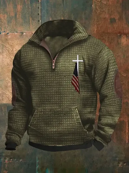 Lässiges Herren-Sweatshirt mit Reißverschluss und Waffel-Glauben-Print