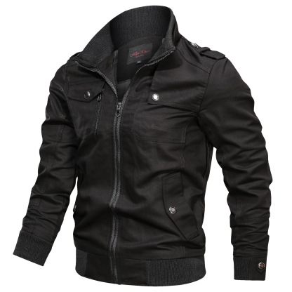 Men's Solid Color Zipper Pocket Stand-Up Jacket Coat