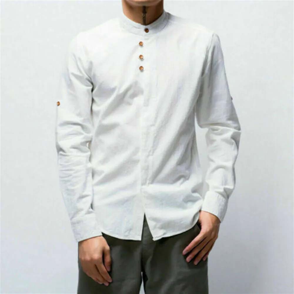 THERLING Herren-Hemd aus Leinen im Vintage-Stil mit Stehkragen