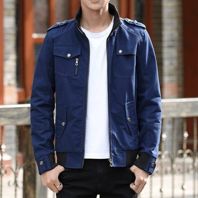 Fashion Zipper Male Military Jackets / Casual Stand Collar Men's Jacket with Pockets