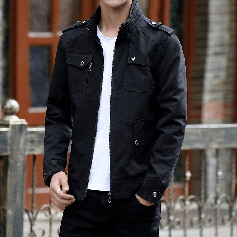 Fashion Zipper Male Military Jackets / Casual Stand Collar Men's Jacket with Pockets