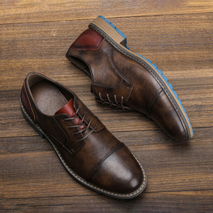 MEN'S ROUND-TOE LACE-UP LEATHER SHOES.