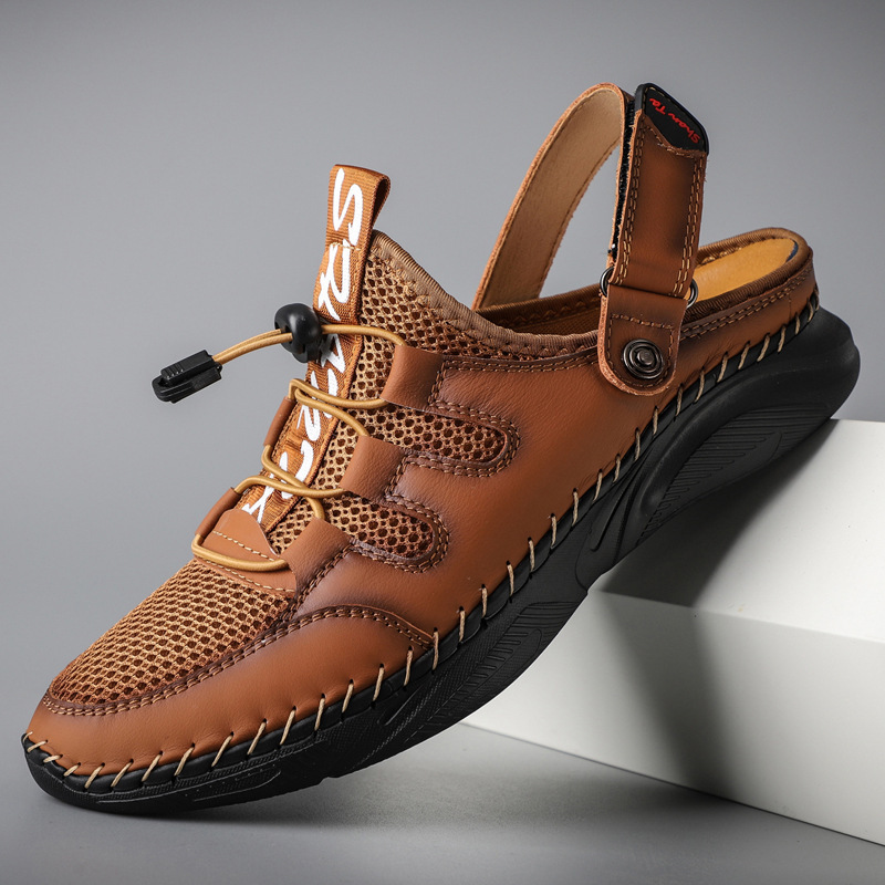 MEN'S OUTDOOR GENUINE LEATHER MESH HALF PACK SANDALS