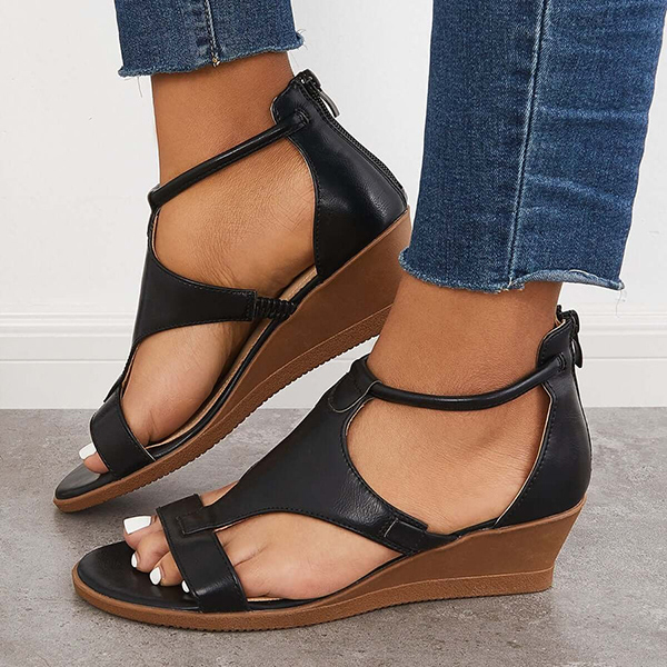 Womens Casual T-Strap Low Wedge Sandals Back Zipper Ankle Strap Shoes