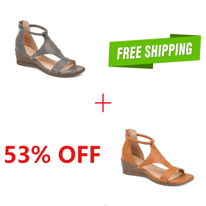 Womens Casual T-Strap Low Wedge Sandals Back Zipper Ankle Strap Shoes