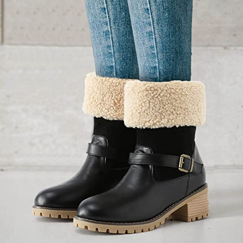 Women's Boots Snow Boots Outdoor Daily Fleece Lined Mid Calf Boots Winter Chunky Heel Pointed Toe Vintage Fashion Boots