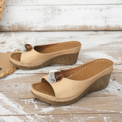 😍Last Day 60% OFF😍-Womens Comfy Leather Solid Flower Strap Wedge Sandals