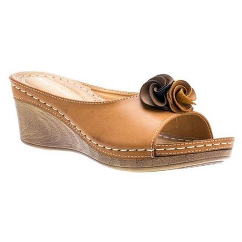 😍Last Day 50% OFF😍-Womens Comfy Leather Solid Flower Strap Wedge Sandals
