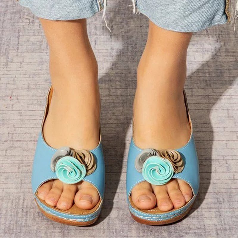 😍Last Day 50% OFF😍-Womens Comfy Leather Solid Flower Strap Wedge Sandals