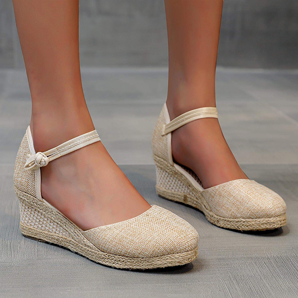 😍[May New]😍Women's Vintage Linen Casual Ankle Strap Backless Heeled Sandals