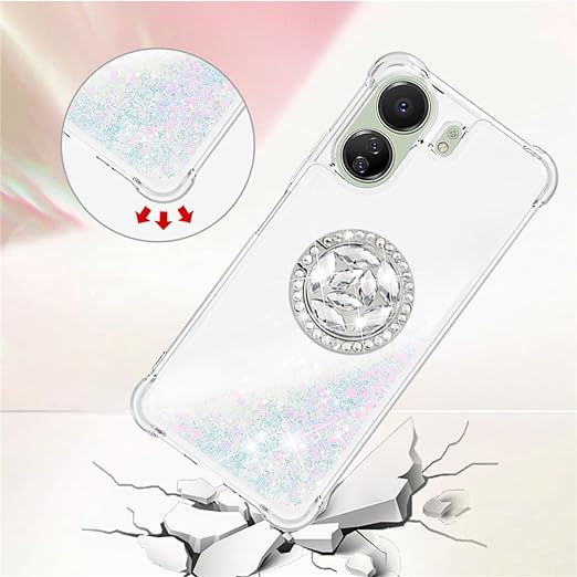 EnZo Quicksand Case for Xiaomi Redmi 13C 4G for Women Girls, Glitter Sparkle Flowing Clear Liquid Cover Case with Bling Diamond Kickstand for Xiaomi Redmi 13C 4G