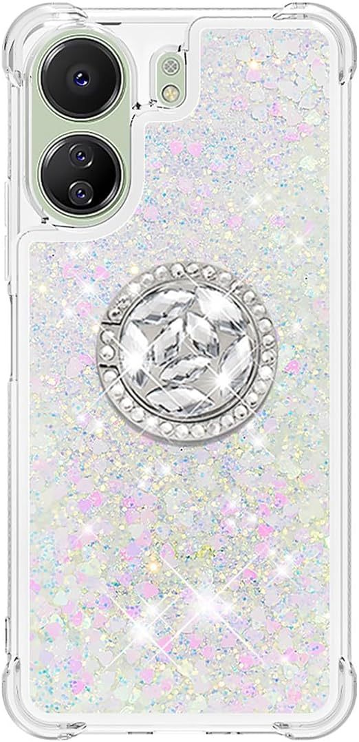 EnZo Quicksand Case for Xiaomi Redmi 13C 4G for Women Girls, Glitter Sparkle Flowing Clear Liquid Cover Case with Bling Diamond Kickstand for Xiaomi Redmi 13C 4G
