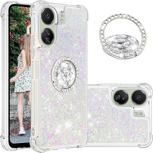 EnZo Quicksand Case for Xiaomi Redmi 13C 4G for Women Girls, Glitter Sparkle Flowing Clear Liquid Cover Case with Bling Diamond Kickstand for Xiaomi Redmi 13C 4G
