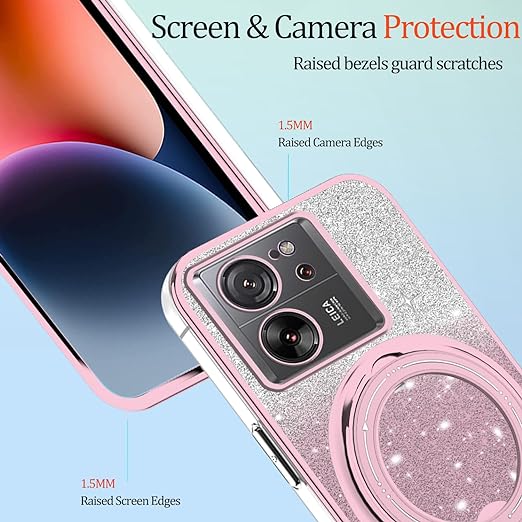 EnZo Compatible with Xiaomi 13T Pro Case Glitter with Stand Pink,Xiaomi 13T Phone Case Silicone Transparent Support Wireless Charging Shockproof Luxury Protective Cover 
