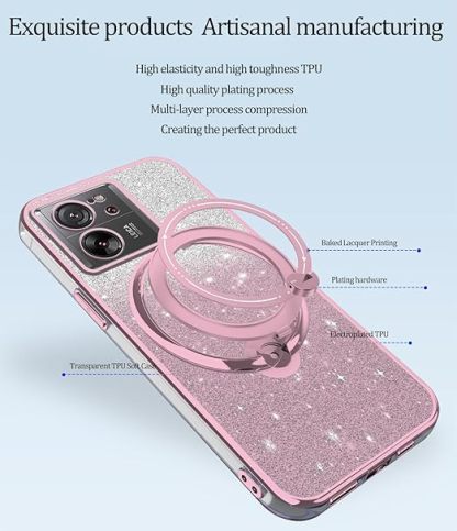 EnZo Compatible with Xiaomi 13T Pro Case Glitter with Stand Pink,Xiaomi 13T Phone Case Silicone Transparent Support Wireless Charging Shockproof Luxury Protective Cover 