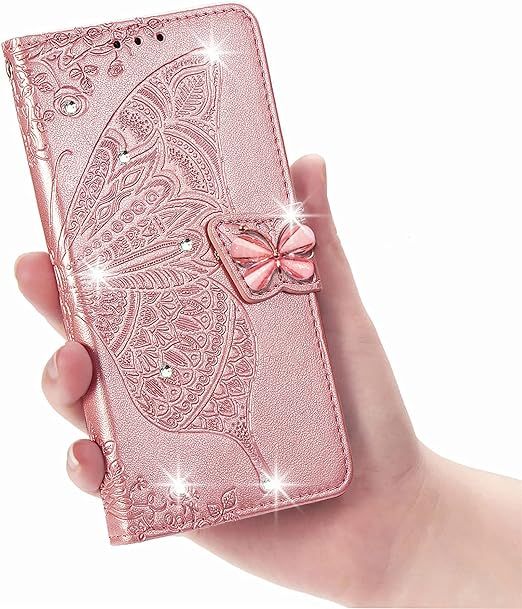 EnZo for Huawei Mate 60 Pro Wallet Case for Women Girls, Shiny Butterfly Flower PU Leather Cover with Card Slot Holder Flip Phone Case for Huawei Mate 60 Pro