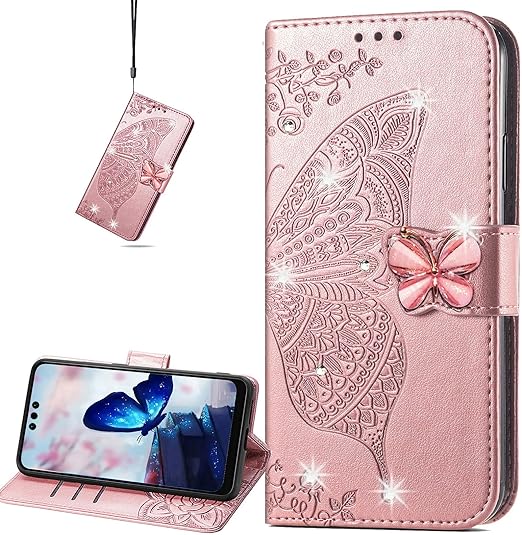 EnZo for Huawei Mate 60 Pro Wallet Case for Women Girls, Shiny Butterfly Flower PU Leather Cover with Card Slot Holder Flip Phone Case for Huawei Mate 60 Pro